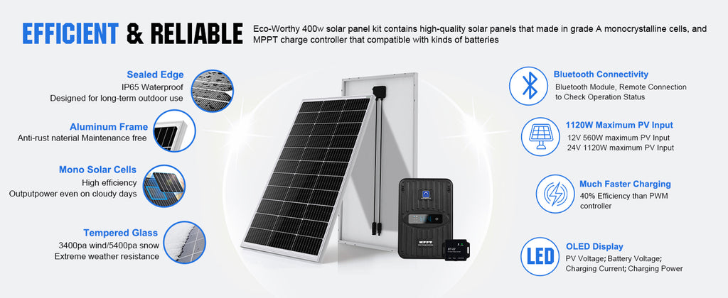 ECO-WORTHY 400 Watt 12 Volt Premium Solar Panel Kit 400W 12V Solar Power Off Grid System for Home, RV, Boat