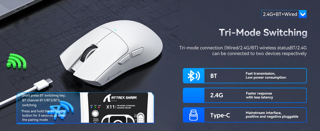 ATTACK SHARK X11 Wireless Gaming Mouse with RGB Magnetic Charging Dock, Wired/2.4G/BT, 22K DPI,Ultralight 59g Tri-Mode with Tape