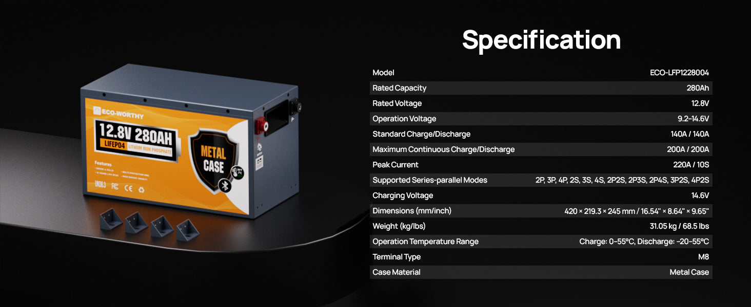 ECO-WORTHY 3584Wh 12V 280Ah LiFePO4 RV Battery w/Bluetooth & Low Temp Cutoff - Built-in 200A BMS - Deep Cycle for Camper, Traile