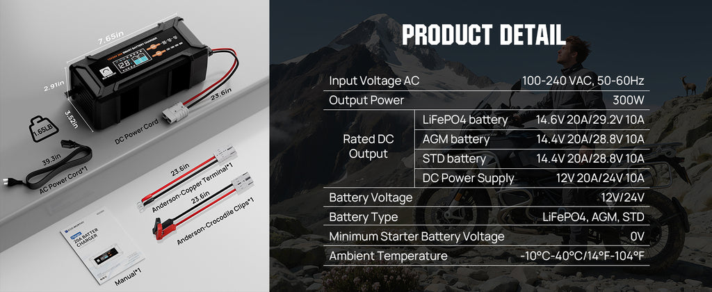 ECO-Worthy 12V/24V 20A Smart Battery Charger Maintainer, Auto Voltage Detect for LiFePO4 Lead-Acid with Multi-Current Options 5A