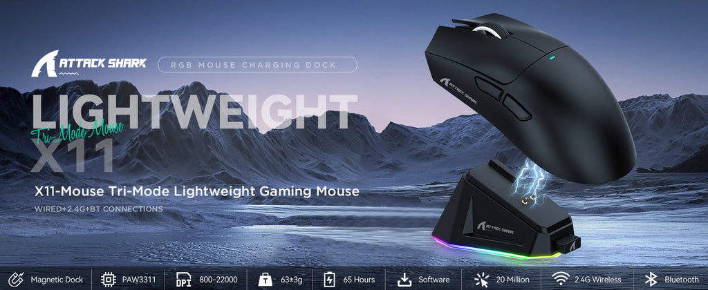 ATTACK SHARK X11 Wireless Gaming Mouse with RGB Magnetic Charging Dock, Wired/2.4G/BT, 22K DPI,Ultralight 59g Tri-Mode with Tape