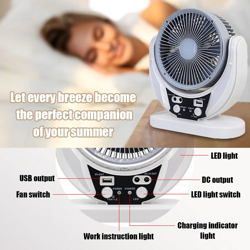 Solar-powered multifunctional fan, LED emergency light bulb, USB charging, night light function, can charge mobile phones