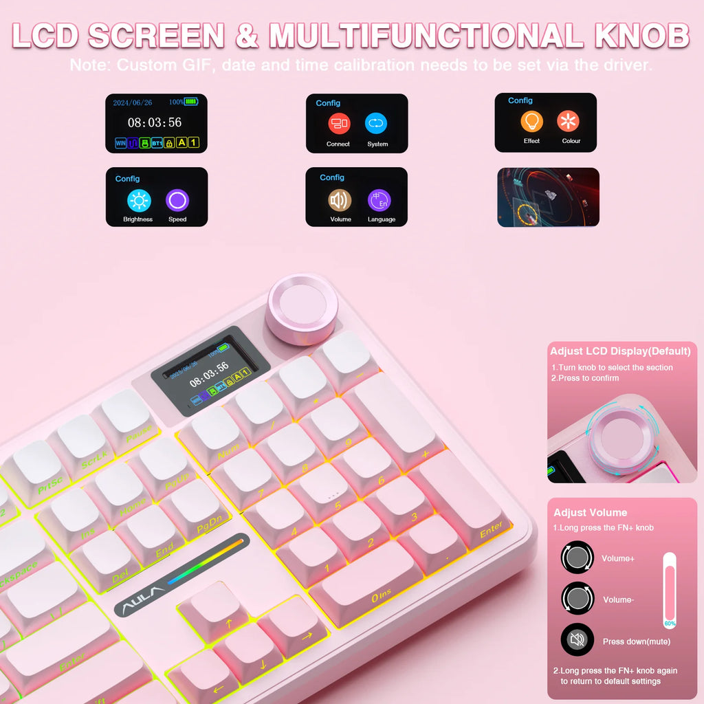 AULA F108 pro Wireless Bluetooth Keyboard Macro Gaming keyboard Gasket Hot-swap Full Size Keyboard with TFT Smart Display