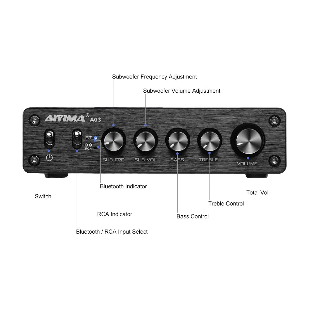 AIYIMA A03 TPA3116 Subwoofer Bluetooth Amplifier HiFi TPA3116D2 2.1 Digital Audio Power Amplifiers 50Wx2+100W Sound Amplificador