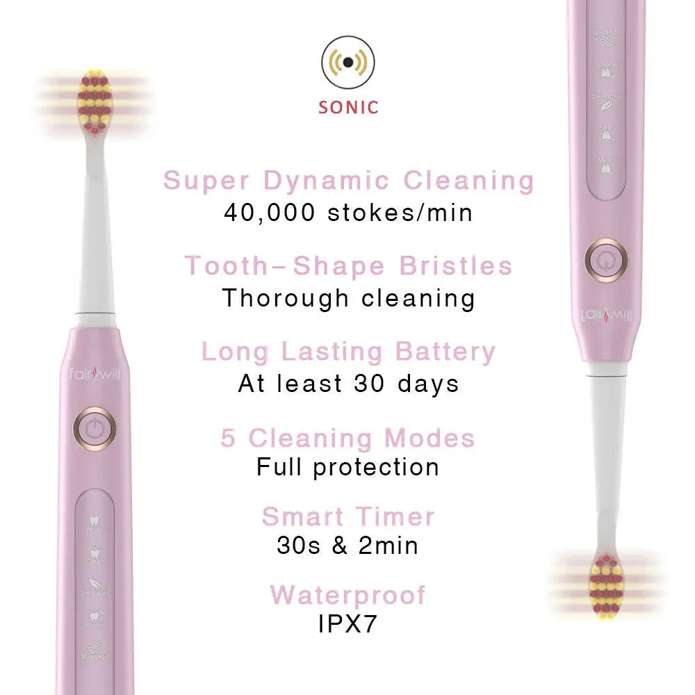 Fairywill Electric Sonic Toothbrush FW-D7 USB Charge Rechargeable Adult Waterproof Electronic Tooth Brushes Replacement Heads 8