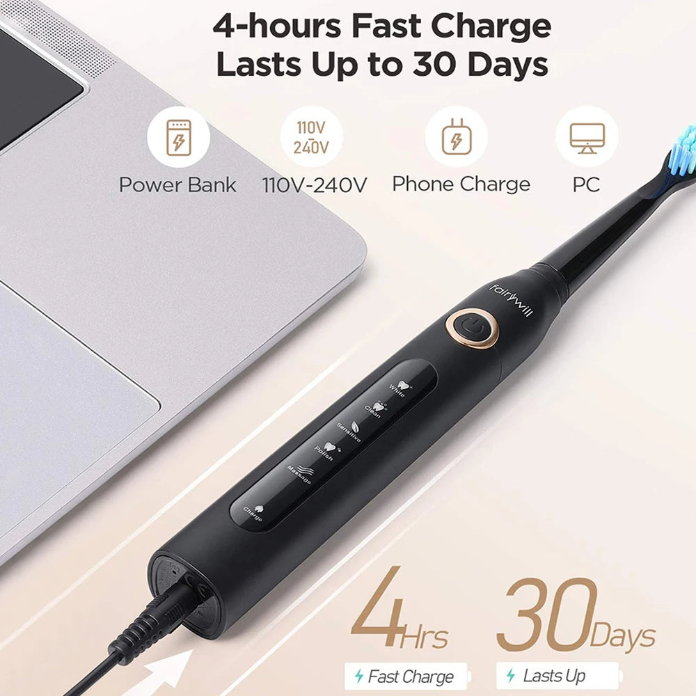 Fairywill Electric Sonic Toothbrush FW-D7 USB Charge Rechargeable Adult Waterproof Electronic Tooth Brushes Replacement Heads 8