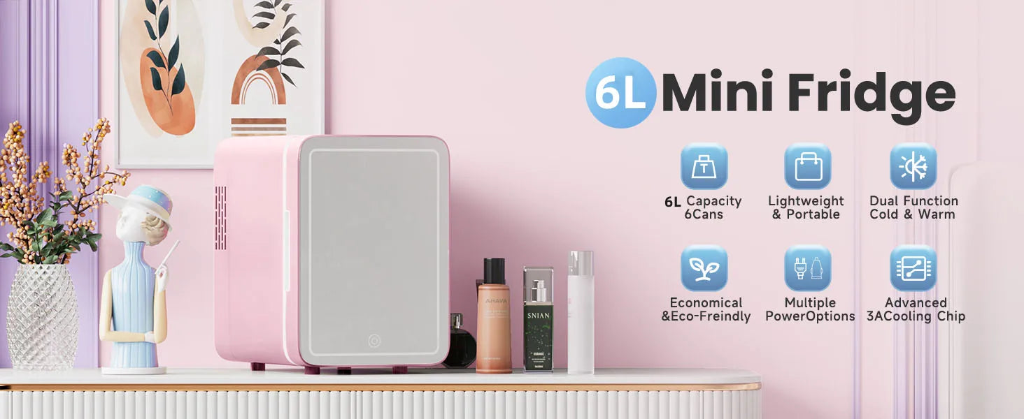 6L/9L LED Mirror Mini Fridge With Light 12V 240V Portable Cosmetic Refrigerator Cooler Warmer for Car Home Makeup Skincare