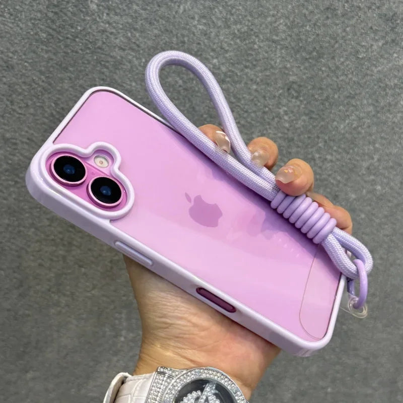 Candy Color Bumper With Lanyard Phone Case For iPhone 17 16 15 14 13 12 11 Pro Max Plus Clear Acrylic Shockproof Cover