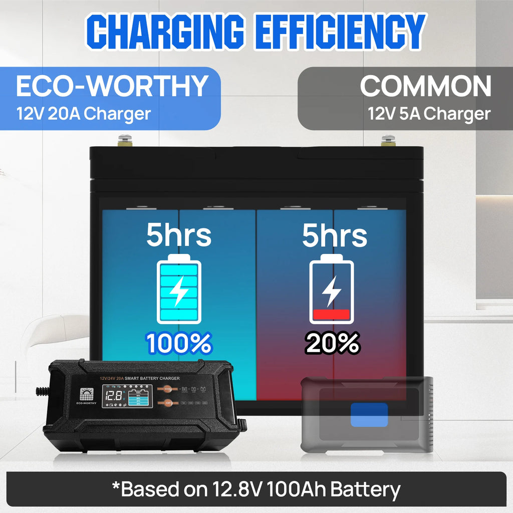ECO-Worthy 12V/24V 20A Smart Battery Charger Maintainer, Auto Voltage Detect for LiFePO4 Lead-Acid with Multi-Current Options 5A