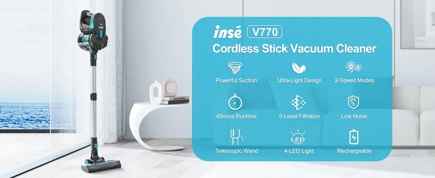 INSE V770 Cordless Handheld Vacuum Cleaner 6-in-1 20KPa Powerful Lightweight Stick Vacuum Flexible LED Headlights for Carpet Bed