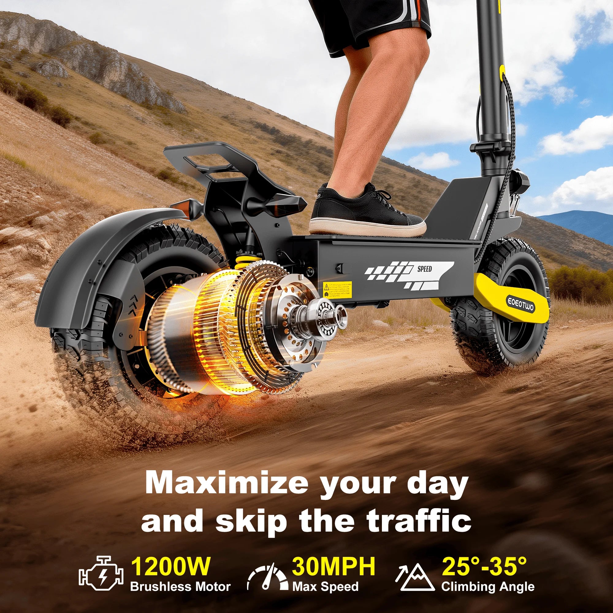 EOEOTWO 1200W Off Road Electric Scooter for Adults 48V Long Range E-Scooter 30MPH Fast Speed 11" Tubeless Tire Foldable Kick Scooter