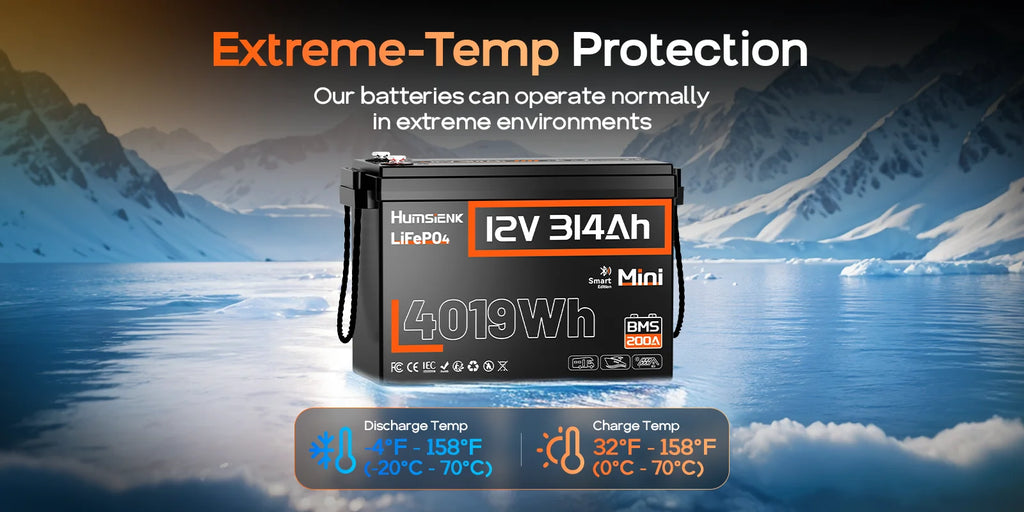 Humsienk 12V 314Ah LiFePO4 Battery, Capacity 4019Wh, Size MINI, Built-in Bluetooth & 200A BMS, 15000+ Deep Cycle, Low-Temp Protection For Fishing, Portable Power Station, Golf Cart, Boat, Marine, Off-Grid, Solar, 5-Year Warra