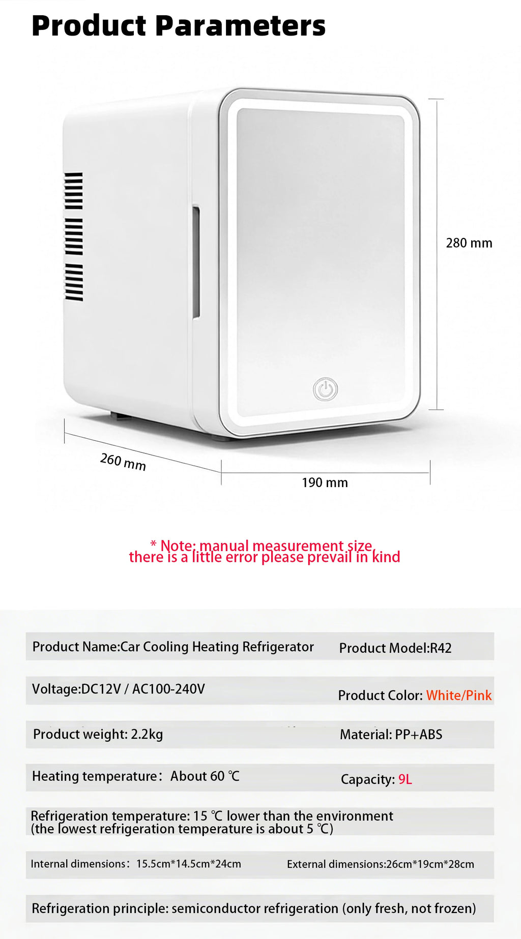6L/9L LED Mirror Mini Fridge With Light 12V 240V Portable Cosmetic Refrigerator Cooler Warmer for Car Home Makeup Skincare