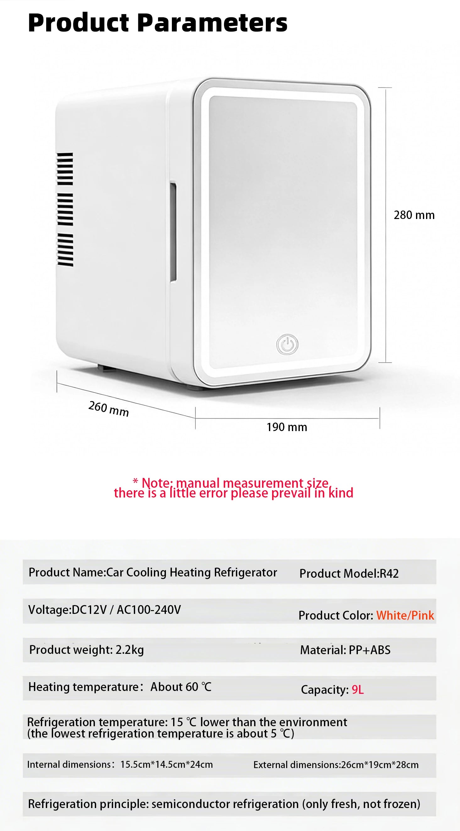 6L/9L LED Mirror Mini Fridge With Light 12V 240V Portable Cosmetic Refrigerator Cooler Warmer for Car Home Makeup Skincare