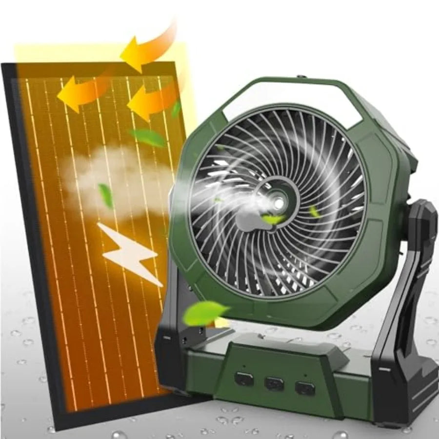 10W Solar Fan with Mister, Misting Camping Fan with Solar Panel, Portable Outdoor Fans, 8 Inch Battery Operated Rechargeable Co