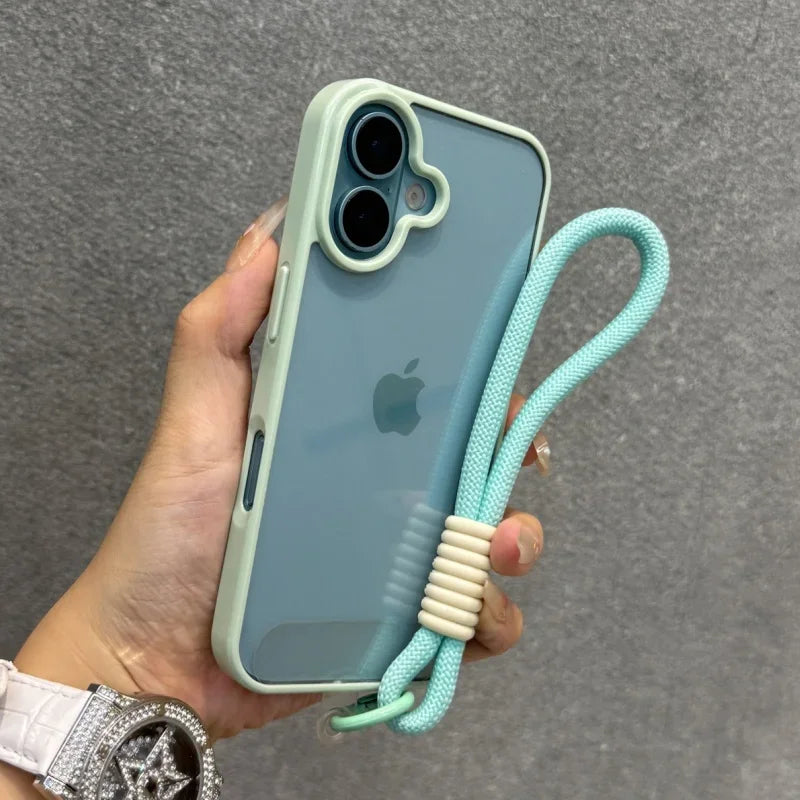 Candy Color Bumper With Lanyard Phone Case For iPhone 17 16 15 14 13 12 11 Pro Max Plus Clear Acrylic Shockproof Cover