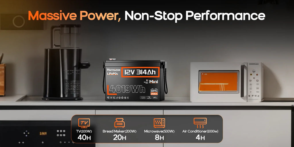 Humsienk 12V 314Ah LiFePO4 Battery, Capacity 4019Wh, Size MINI, Built-in Bluetooth & 200A BMS, 15000+ Deep Cycle, Low-Temp Protection For Fishing, Portable Power Station, Golf Cart, Boat, Marine, Off-Grid, Solar, 5-Year Warra