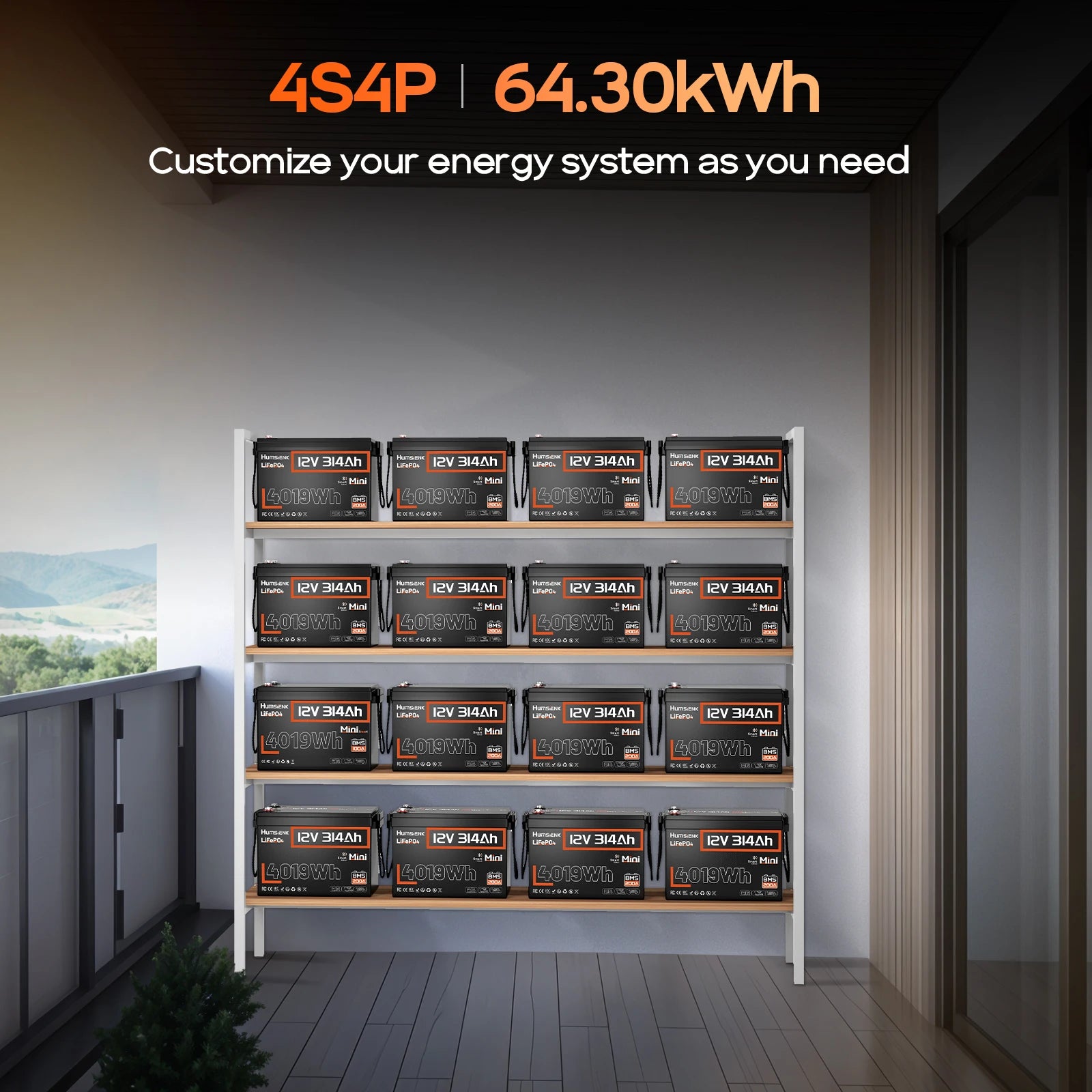 Humsienk 12V 314Ah LiFePO4 Battery, Capacity 4019Wh, Size MINI, Built-in Bluetooth & 200A BMS, 15000+ Deep Cycle, Low-Temp Protection For Fishing, Portable Power Station, Golf Cart, Boat, Marine, Off-Grid, Solar, 5-Year Warra