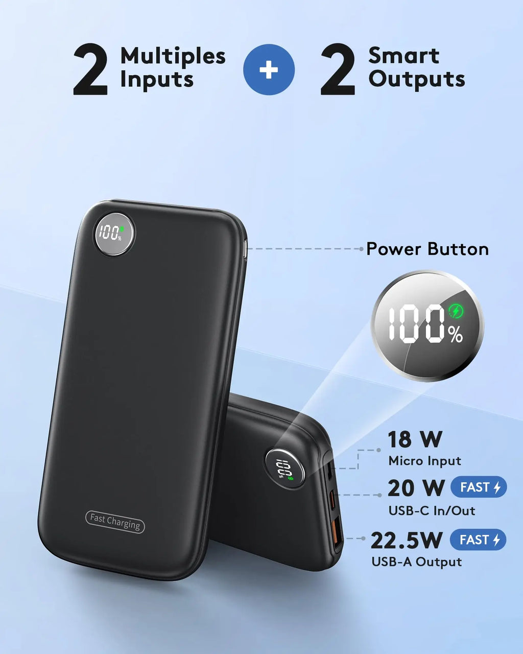Ultra-Slim 10000mAh Portable Charger with Fast Charging (Max 12V/4.5A), USB-C Input/Output, Lightweight Travel Power Bank.