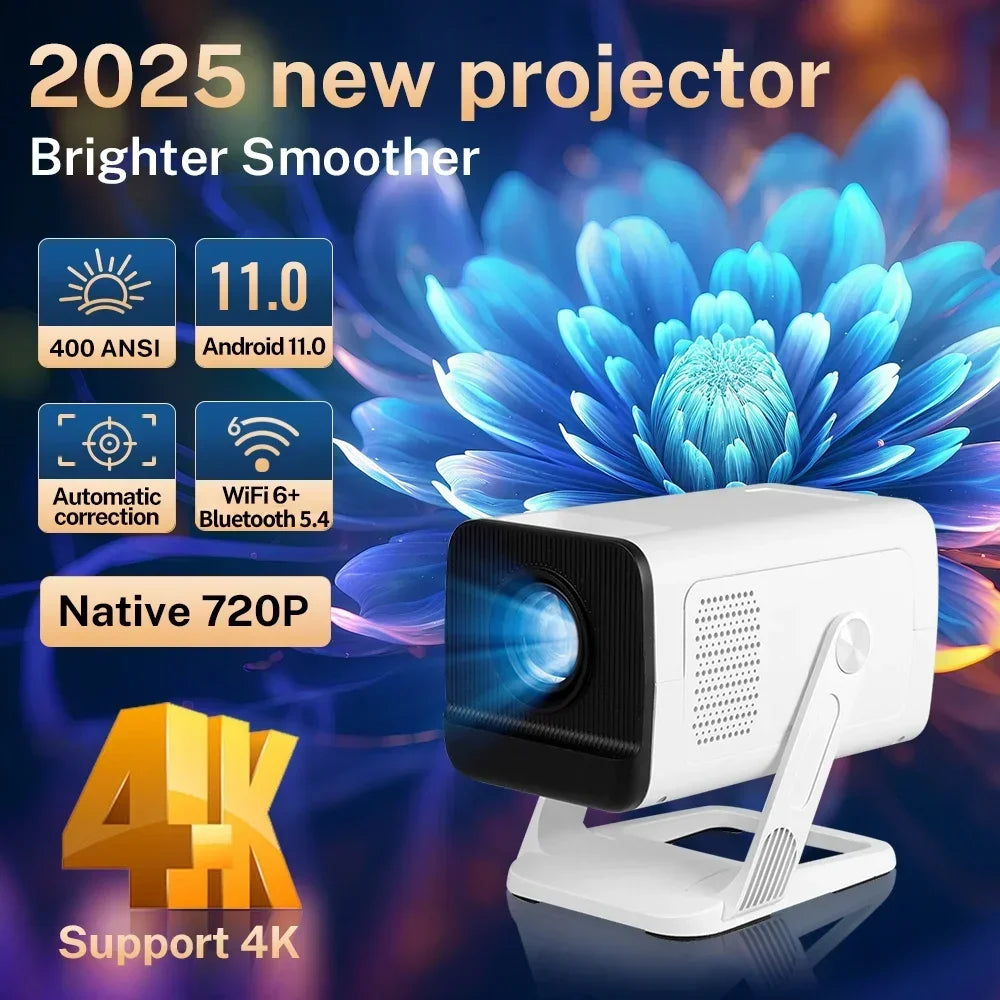 Mini Projector 1080P/4K Supported, WiFi 6 & Bluetooth 5.4, Android TV Short Throw Portable Beamer for Home Theater Outdoor Movie