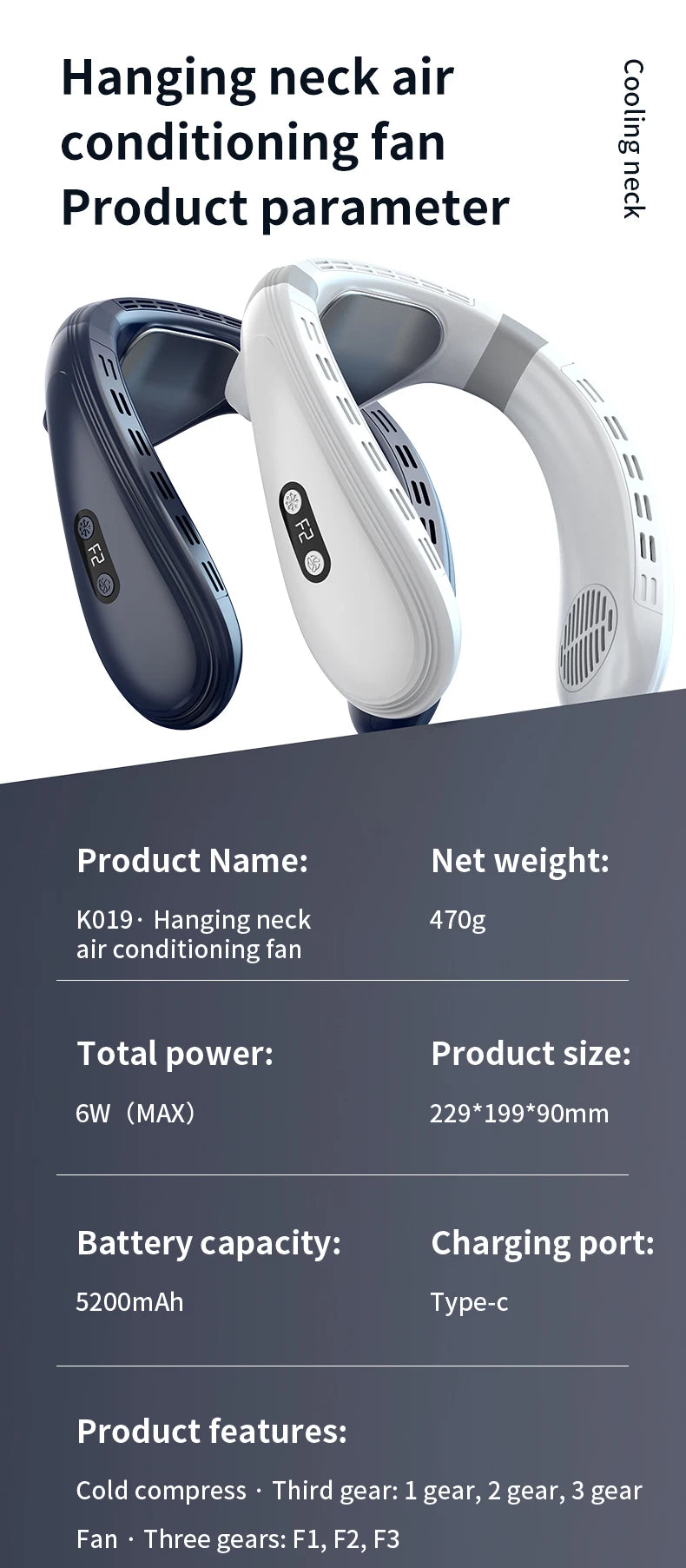 New Portable Neck Fan 5200mAh Neck Air Conditioner Rechargeable Semiconductor Cooling Fan Outdoor Personal Fan Wearable Cooler