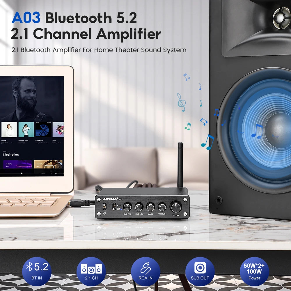 AIYIMA A03 TPA3116 Subwoofer Bluetooth Amplifier HiFi TPA3116D2 2.1 Digital Audio Power Amplifiers 50Wx2+100W Sound Amplificador