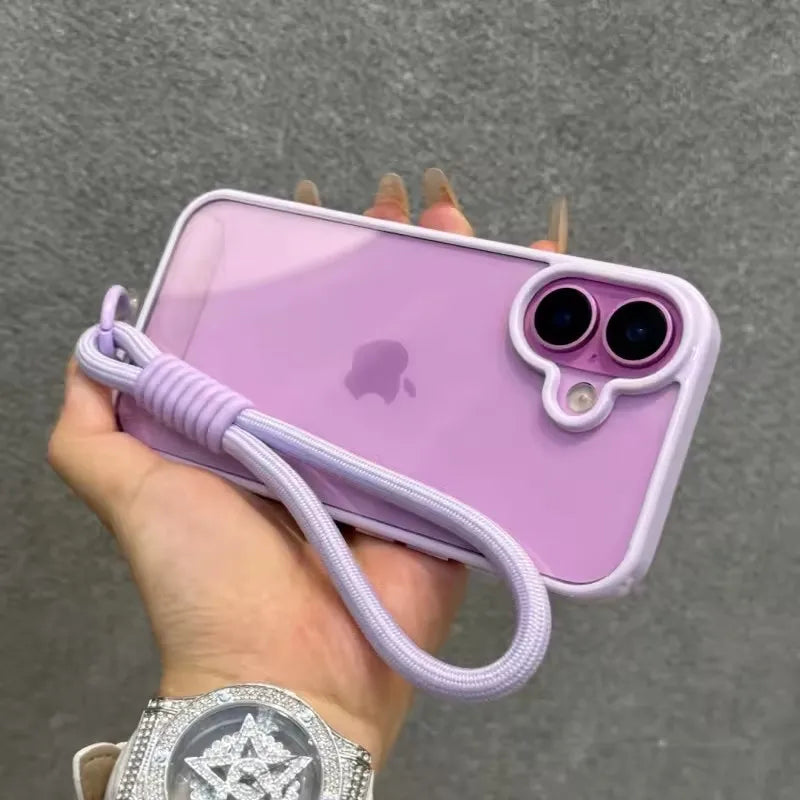 Candy Color Bumper With Lanyard Phone Case For iPhone 17 16 15 14 13 12 11 Pro Max Plus Clear Acrylic Shockproof Cover