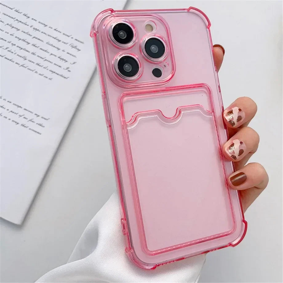 Transparent Card Wallet Slot Bag Holder Case For iPhone 16 15 14 13 12 11 Pro Max Mini X XR 7 8 Plus Clear Shockproof Soft Cover