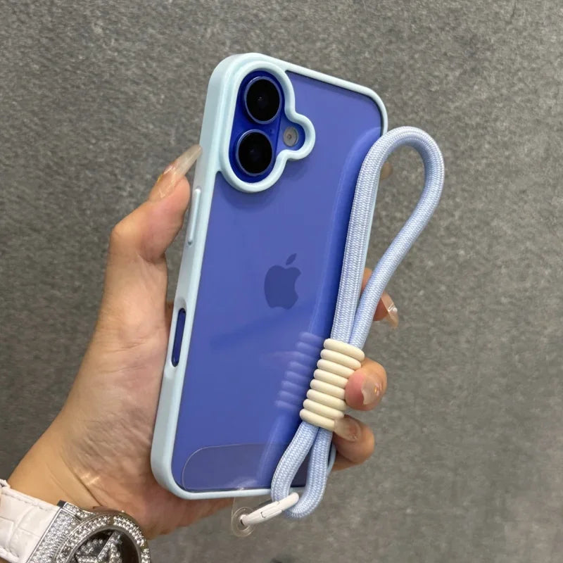 Candy Color Bumper With Lanyard Phone Case For iPhone 17 16 15 14 13 12 11 Pro Max Plus Clear Acrylic Shockproof Cover
