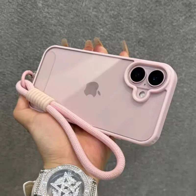 Candy Color Bumper With Lanyard Phone Case For iPhone 17 16 15 14 13 12 11 Pro Max Plus Clear Acrylic Shockproof Cover