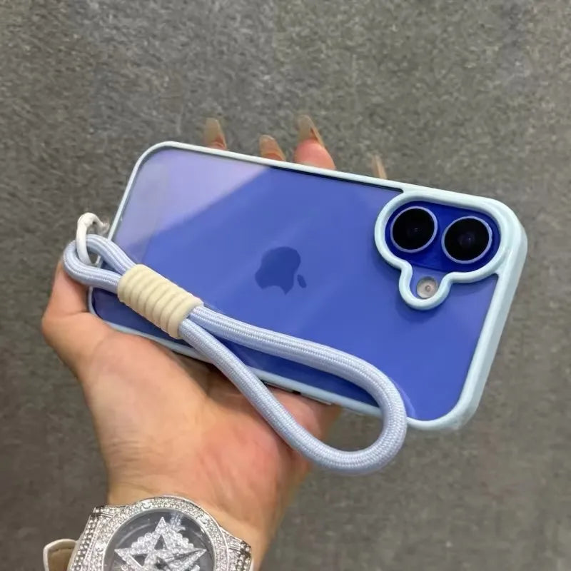 Candy Color Bumper With Lanyard Phone Case For iPhone 17 16 15 14 13 12 11 Pro Max Plus Clear Acrylic Shockproof Cover