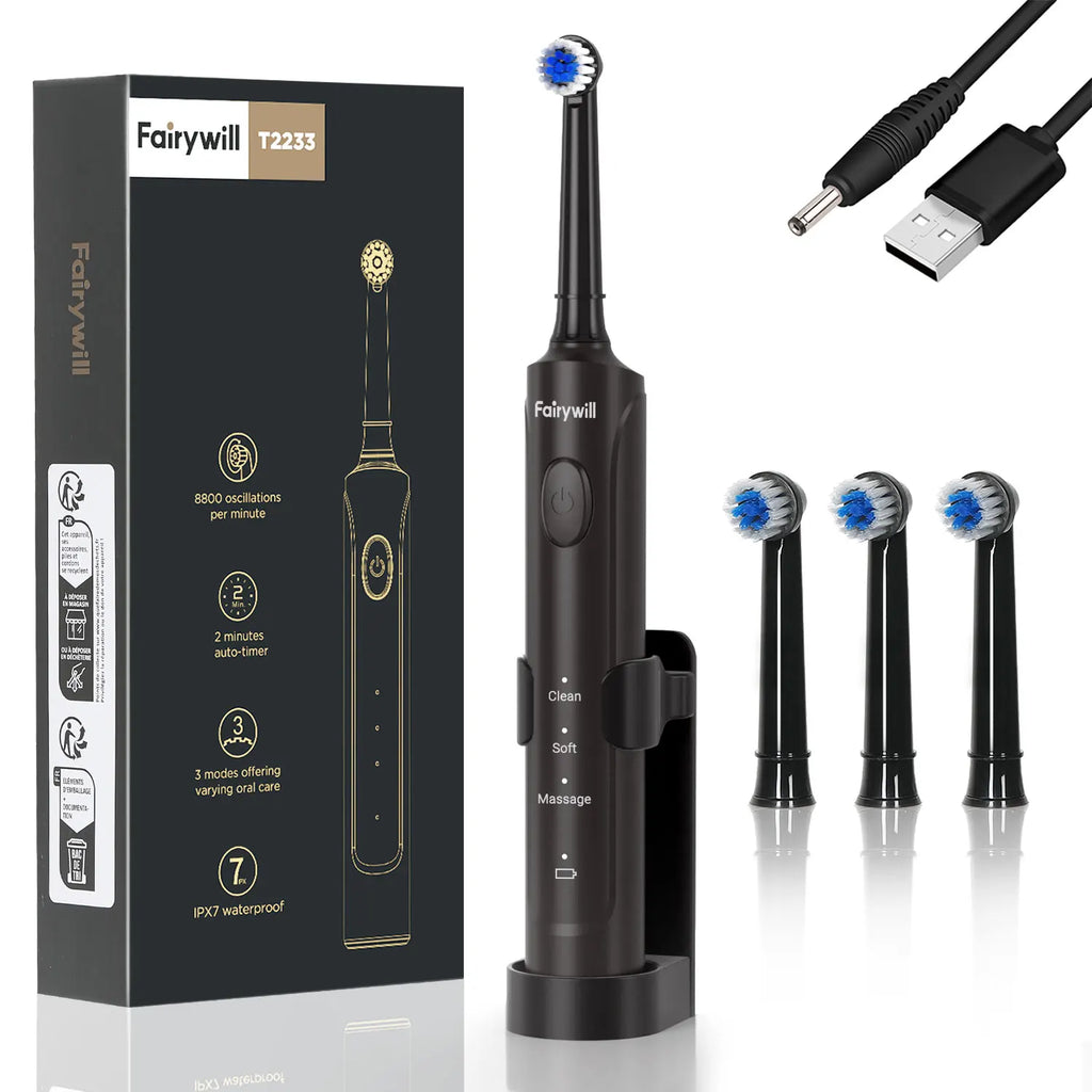 Fairywill Electric Toothbrush T2233Powerful Rotation Cleaning 4 Replacement Heads Rechargeable Sonic Toothbrush for Adults