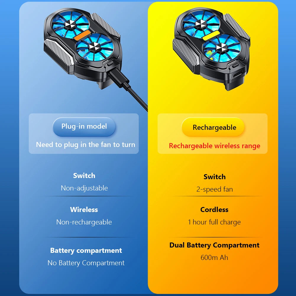 Dual Fan Mobile Phone Cooler Plug-in/Rechargeable Phone Cooler Air Cooling Type-C with Blue Light for Android Smartphones iPhone