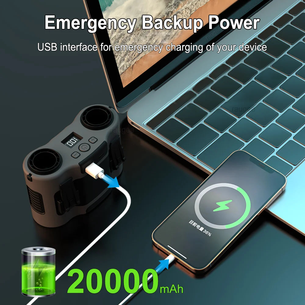 Waist Fan 20000mAh Portable Hanging Neck Fan Rechargeable Waist Clip Fan with Power Bank Dual Airflow Outlet Outdoor Waist Fan