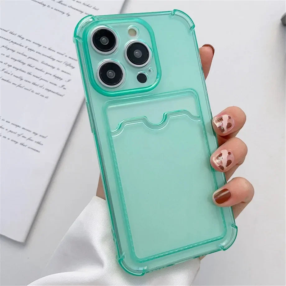 Transparent Card Wallet Slot Bag Holder Case For iPhone 16 15 14 13 12 11 Pro Max Mini X XR 7 8 Plus Clear Shockproof Soft Cover