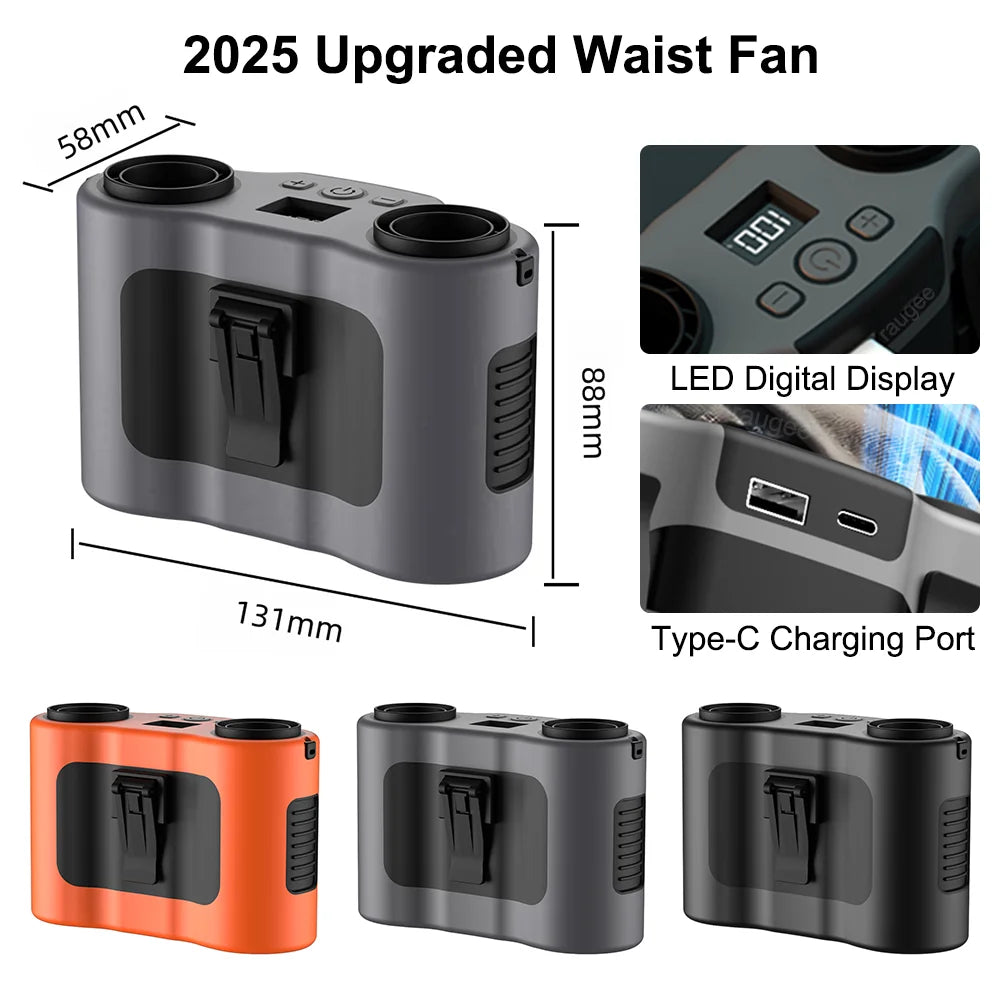 Waist Fan 20000mAh Portable Hanging Neck Fan Rechargeable Waist Clip Fan with Power Bank Dual Airflow Outlet Outdoor Waist Fan
