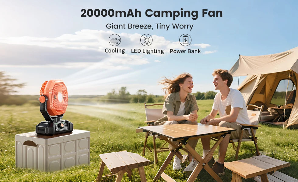 20000mAh Camping Fan with LED Lantern 8 Speed Desk Fan with Remote Portable Outdoor Fan with Hook for Tent Power Outages Jobsite