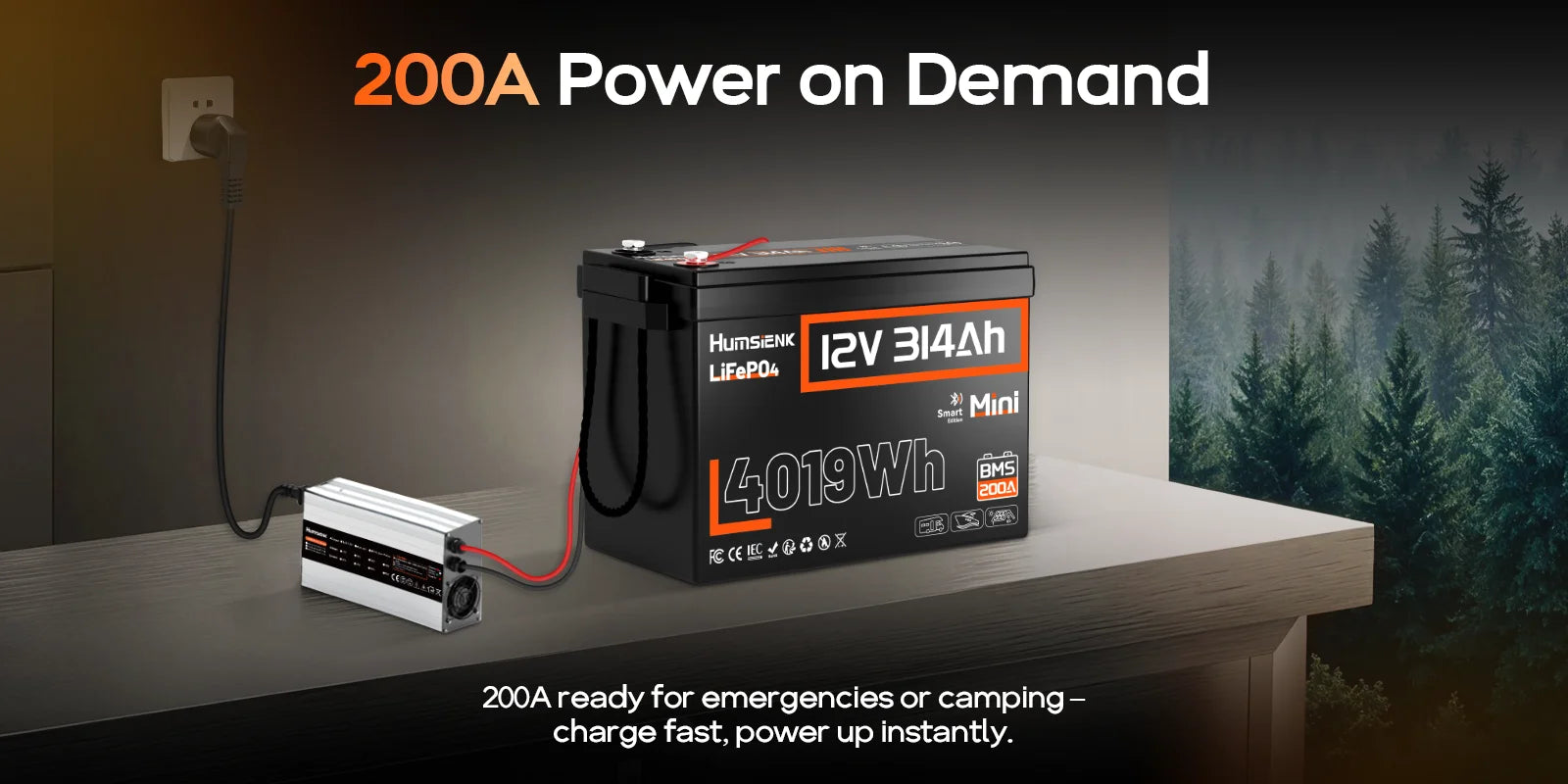 Humsienk 12V 314Ah LiFePO4 Battery, Capacity 4019Wh, Size MINI, Built-in Bluetooth & 200A BMS, 15000+ Deep Cycle, Low-Temp Protection For Fishing, Portable Power Station, Golf Cart, Boat, Marine, Off-Grid, Solar, 5-Year Warra