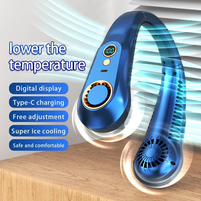 3000mA Portable Mini Hanging Neck Fan Bladeless Neckband Fan Digital Display Power Air Cooler USB Rechargeable Electric Fans