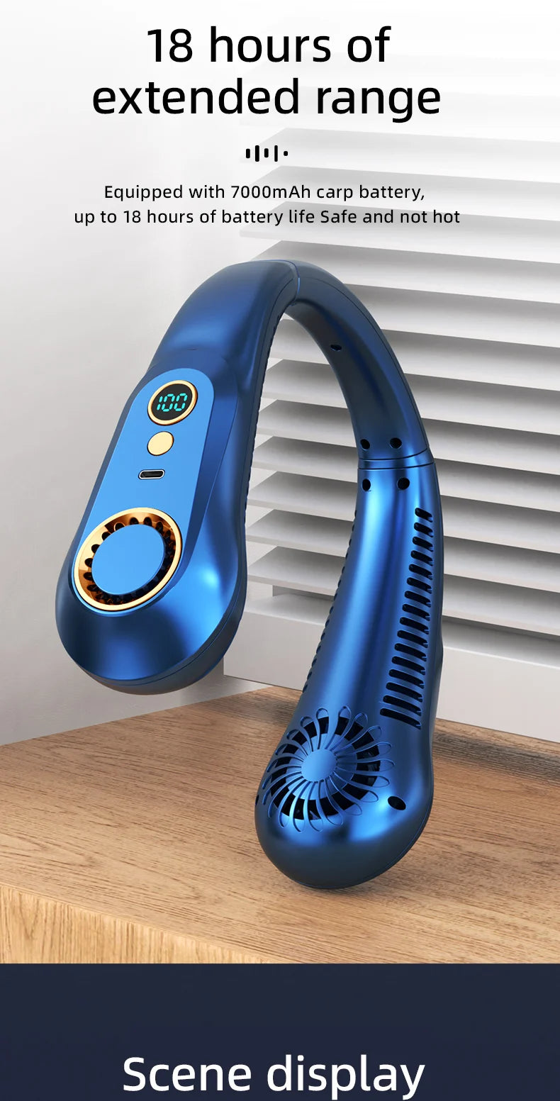 3000mA Portable Mini Hanging Neck Fan Bladeless Neckband Fan Digital Display Power Air Cooler USB Rechargeable Electric Fans