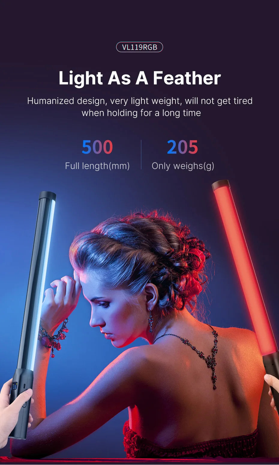 Ulanzi VL119 RGB Handheld Light Wand 2500-9000K Diammable Lightweight 50cm RGB Stick Light Rechargable Photography Lighting Vlog