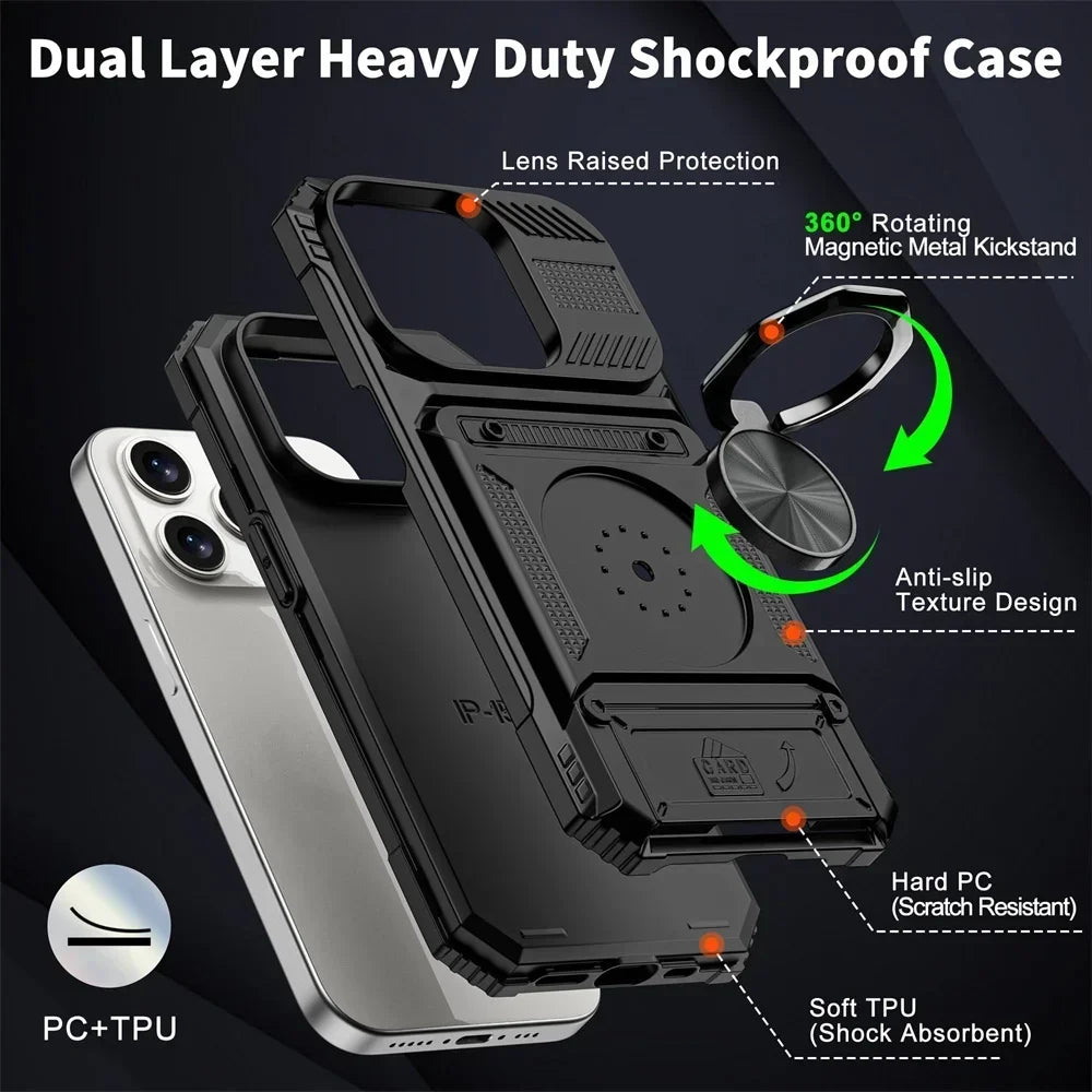 Case For iPhone 11 13 14 15 16 Pro Max 14 15 16 Plus 11 Magnetic Rotated Ring Kickstand Heavy Duty Drop Protection Wallet Cover
