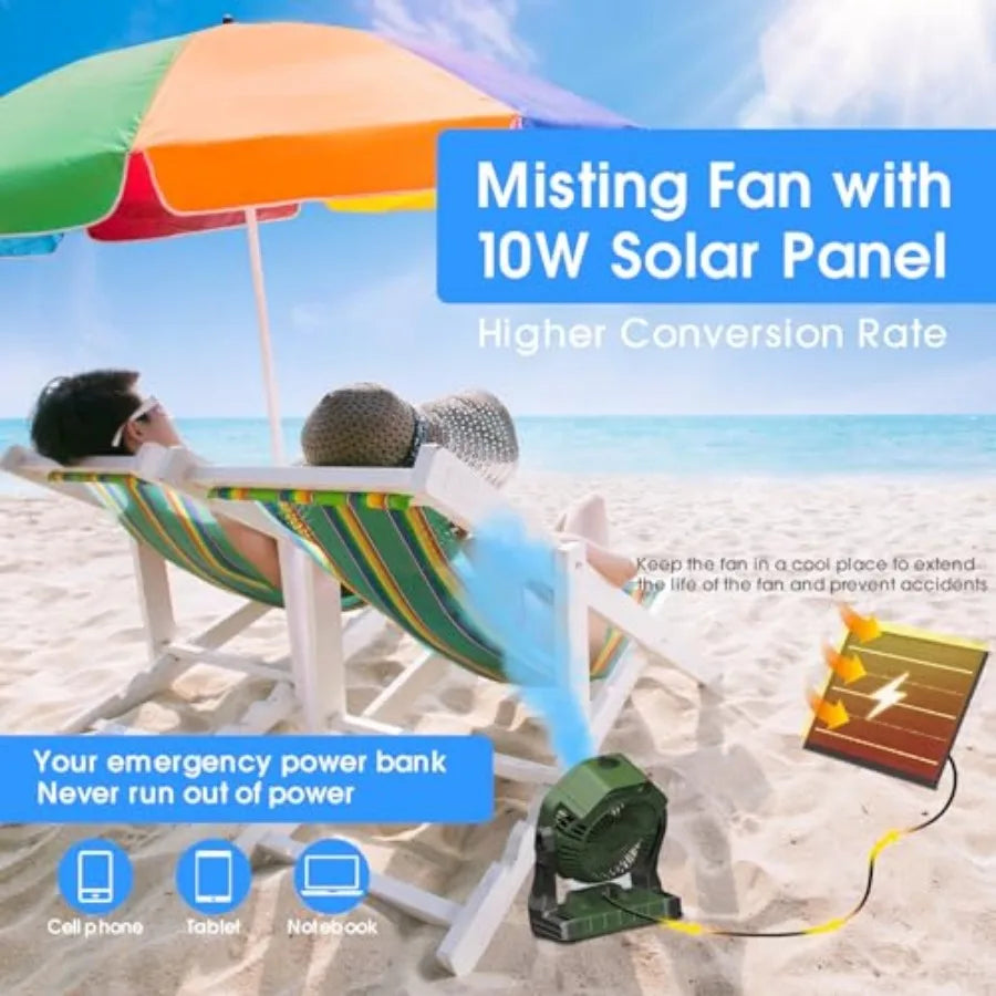 10W Solar Fan with Mister, Misting Camping Fan with Solar Panel, Portable Outdoor Fans, 8 Inch Battery Operated Rechargeable Co