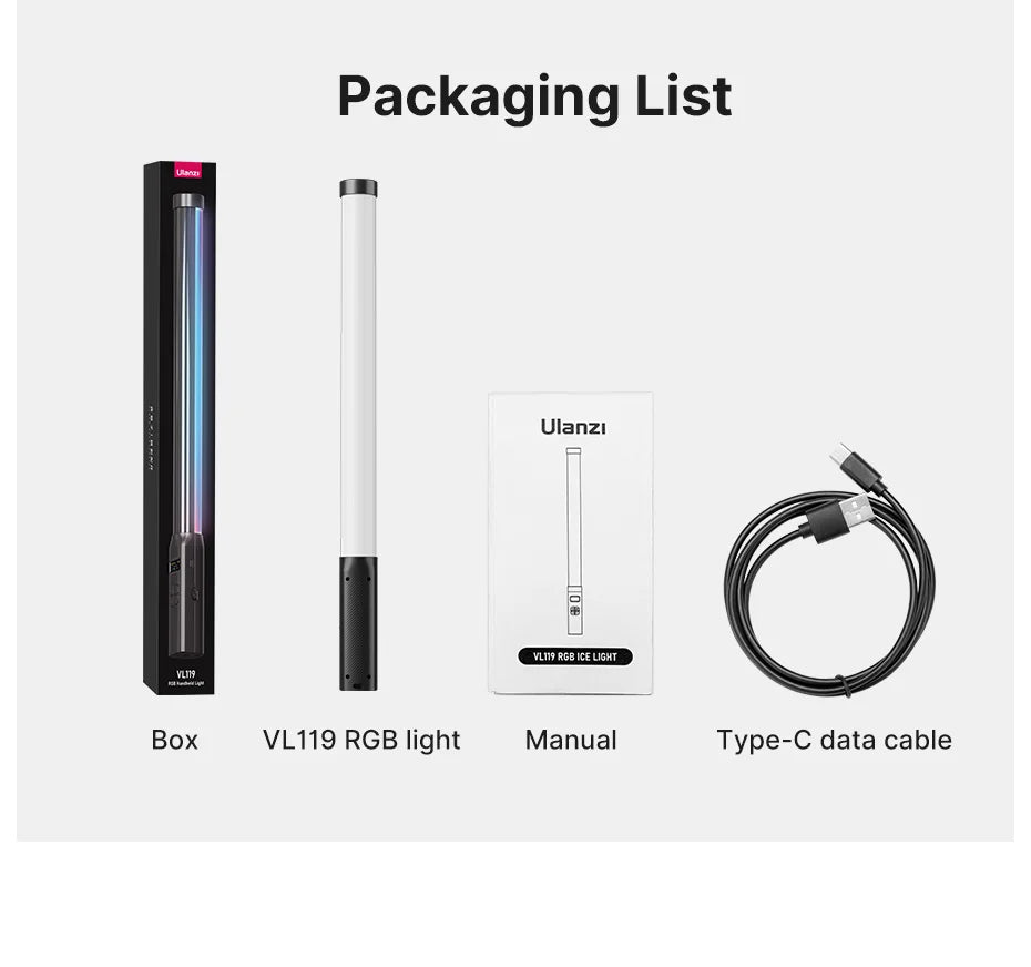 Ulanzi VL119 RGB Handheld Light Wand 2500-9000K Diammable Lightweight 50cm RGB Stick Light Rechargable Photography Lighting Vlog