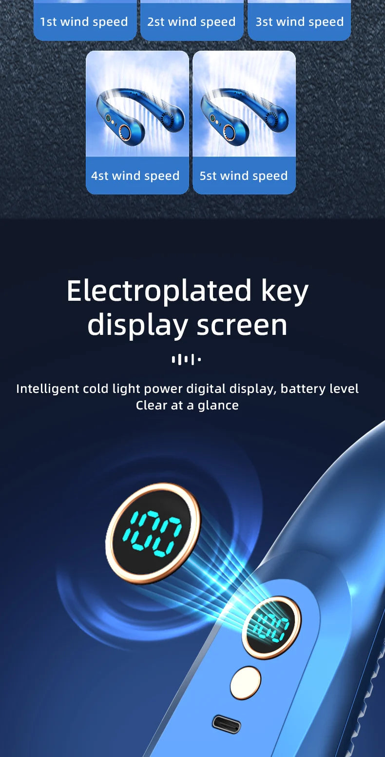 3000mA Portable Mini Hanging Neck Fan Bladeless Neckband Fan Digital Display Power Air Cooler USB Rechargeable Electric Fans