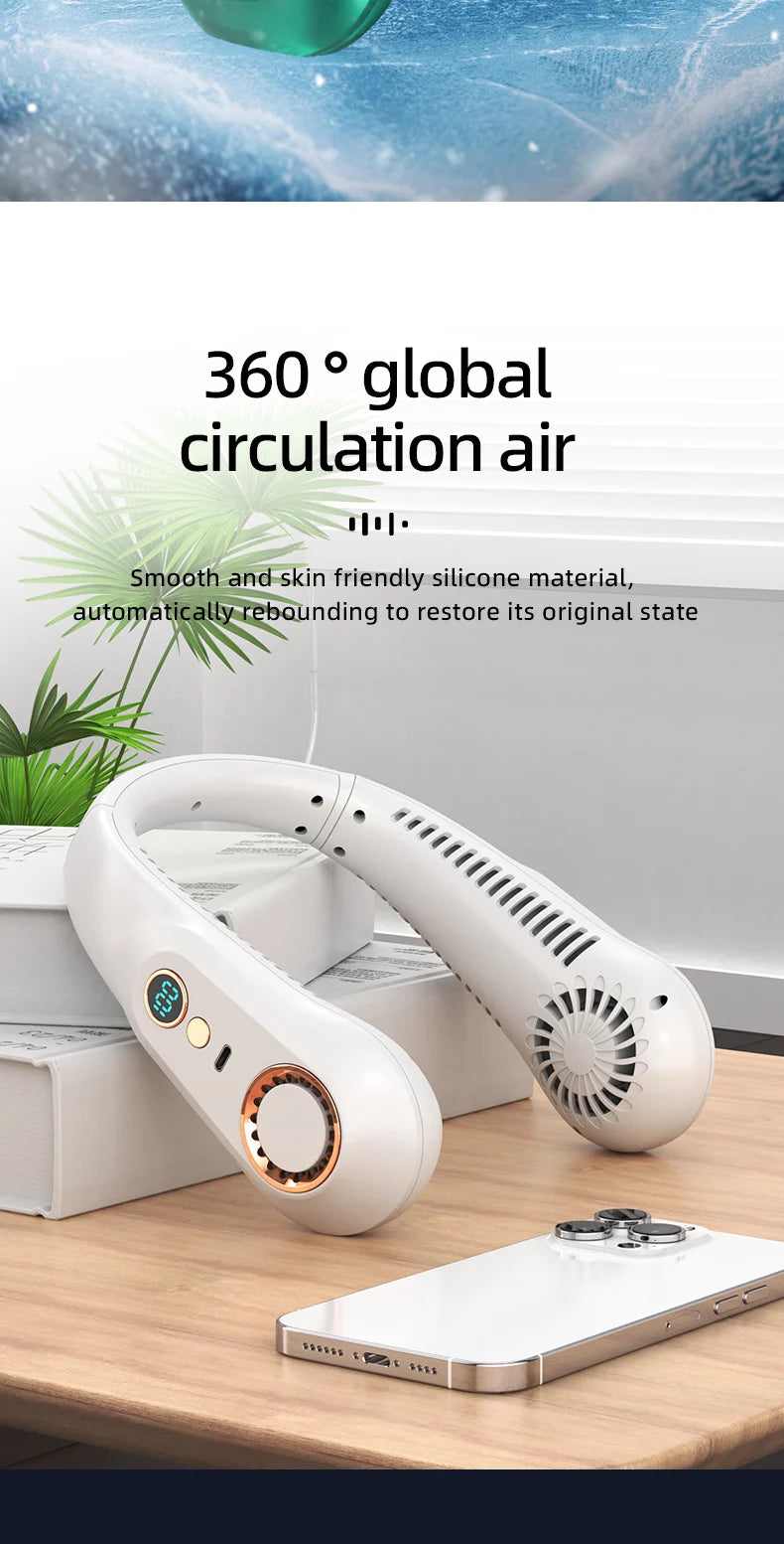 3000mA Portable Mini Hanging Neck Fan Bladeless Neckband Fan Digital Display Power Air Cooler USB Rechargeable Electric Fans