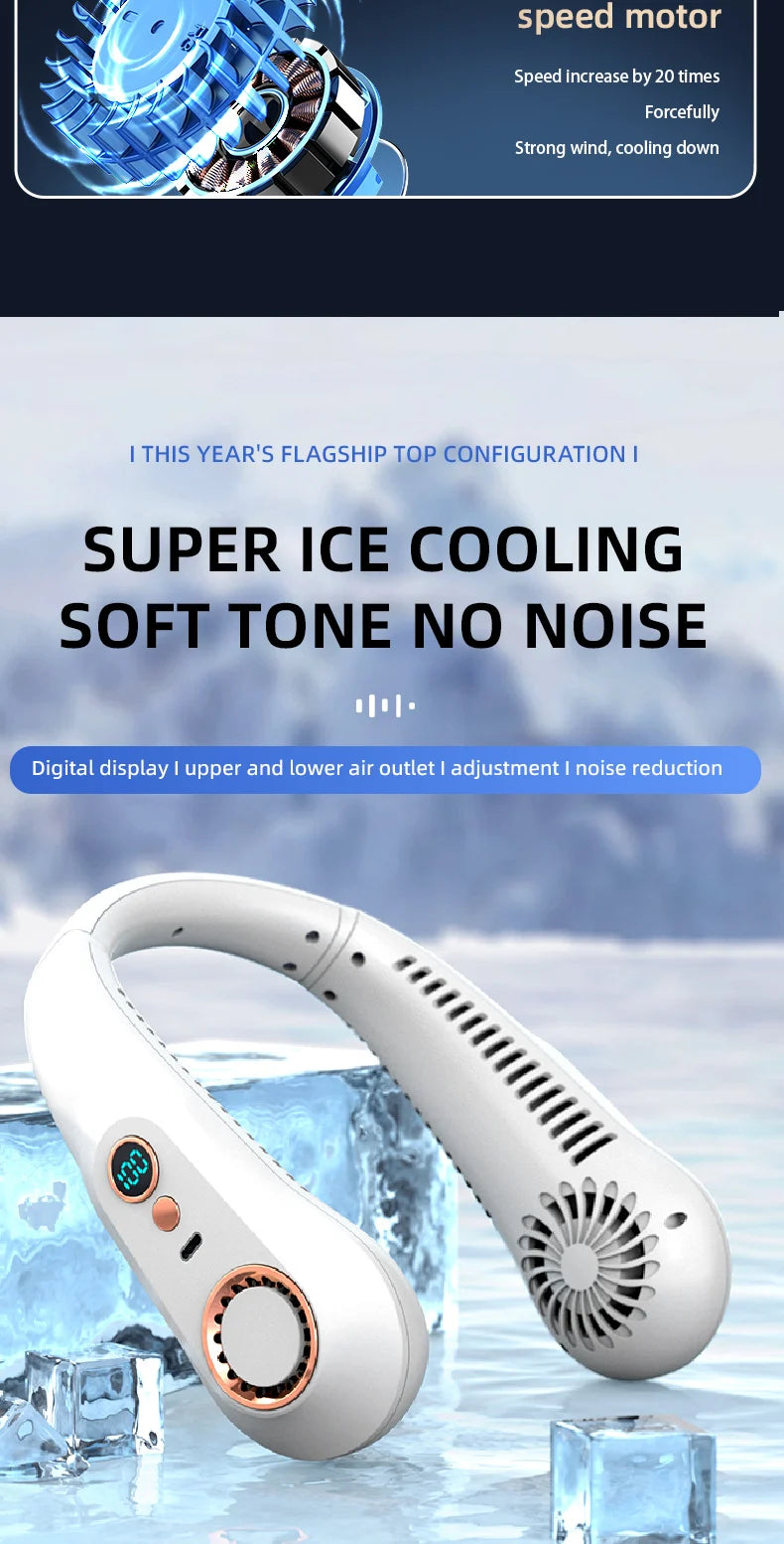 3000mA Portable Mini Hanging Neck Fan Bladeless Neckband Fan Digital Display Power Air Cooler USB Rechargeable Electric Fans