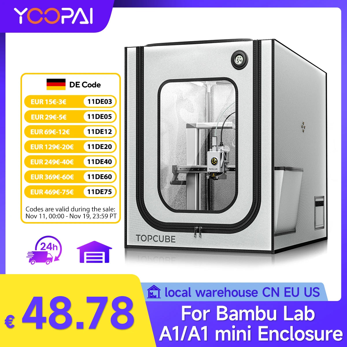 YOOPAI 3D printer Enclosure For Bambu lab A1/A1 mini 3D printer House Cover with LED light Constant Temperature Fireproof  large
