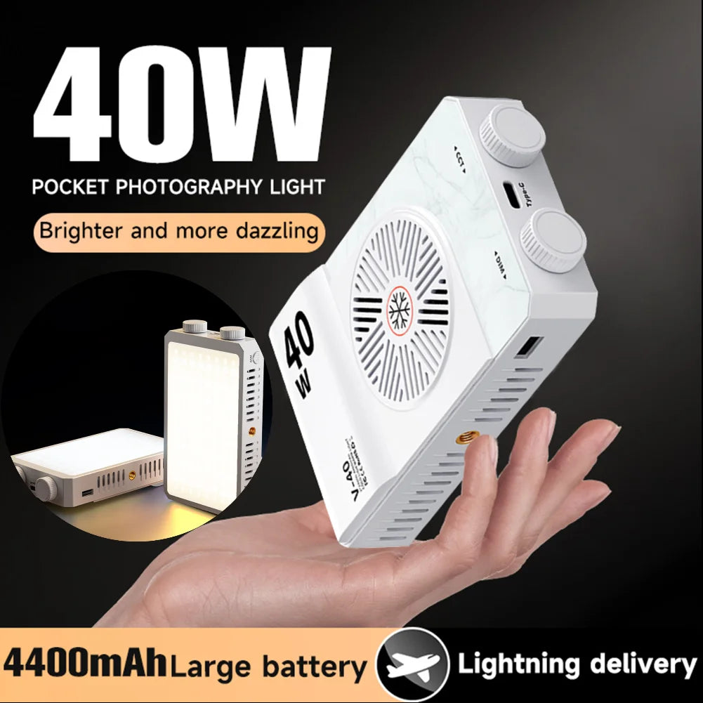 Portable 40W LED Camera Light 2800K-9000K Handheld Filling Light 4400mAh Rechargeable Pocket Photography Lighting Lamp
