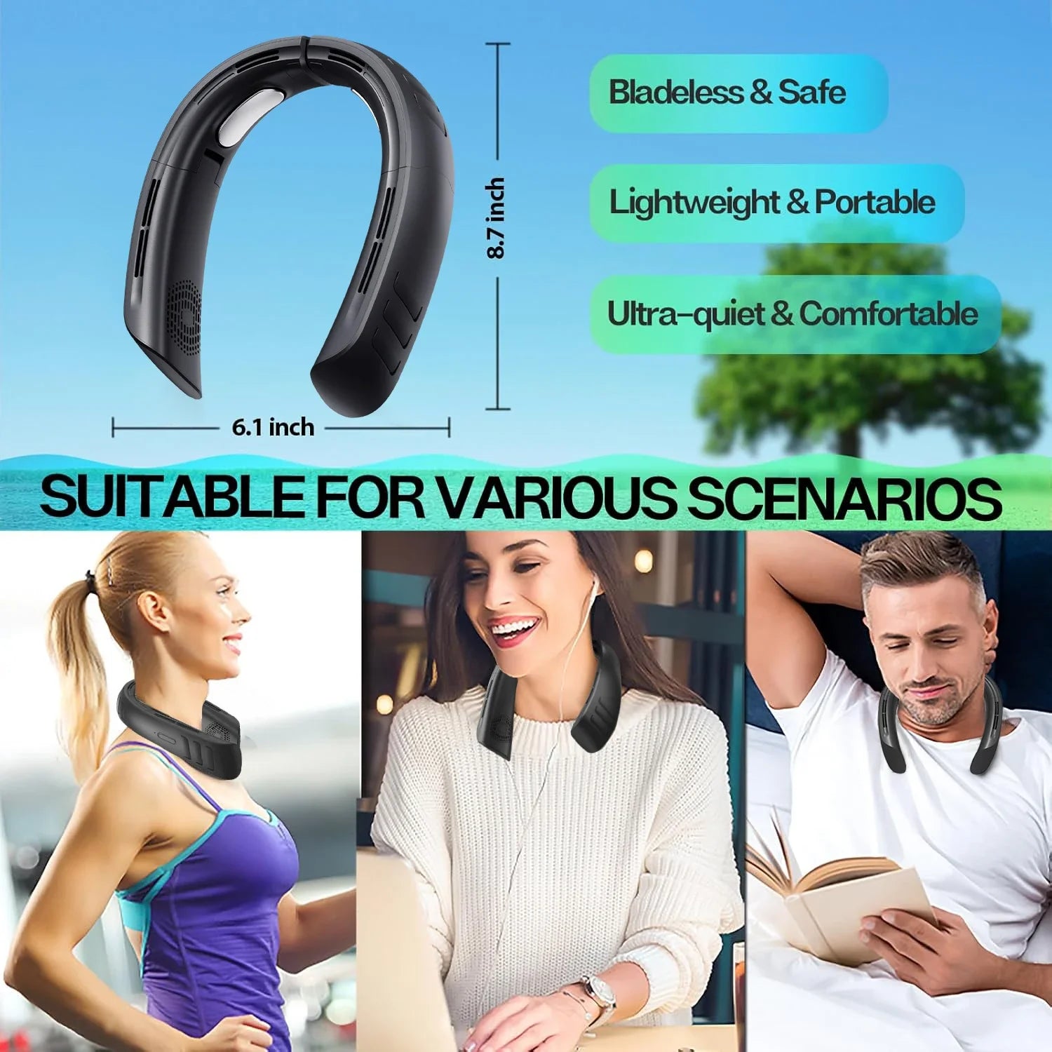 Hanging Neck Fan Portable Bladeless Air Cooler Outdoor Wearable Hands-Free Fan 6000mAh Rechargeable Neck Air Conditioner